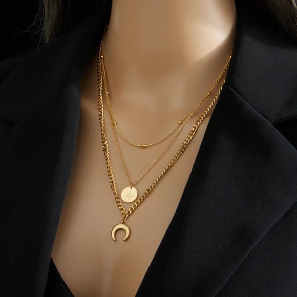 Layered Necklace Gold, 3 Layer Crescent Moon Necklace, Boho Choker Necklace - Picture 1 of 3